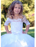 Off Shoulder White Lace Tulle Floor Length Flower Girl Dress